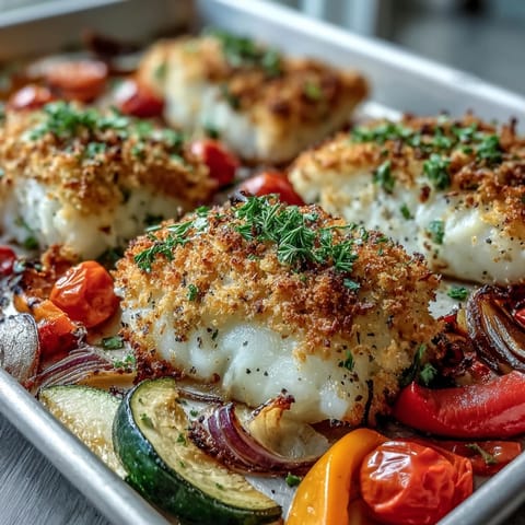 Flaky cod fillets in a crispy Parmesan Crusted Sheet Pan Fish & Veg, served with colorful tomatoes and onions.
