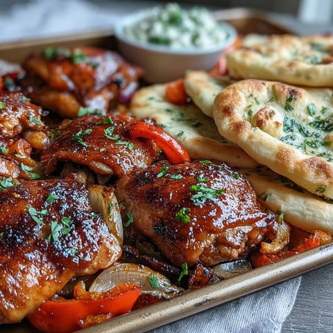 Golden chicken thighs coated in sweet garlic glaze served alongside warm, pillowy naan bread.