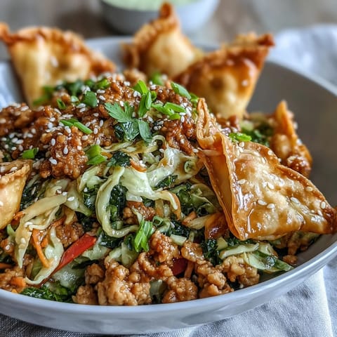 A close-up of savory Ranch Turkey & Veggie Egg Roll Bowls with colorful cabbage, carrots, and green onions garnished with cilantro.