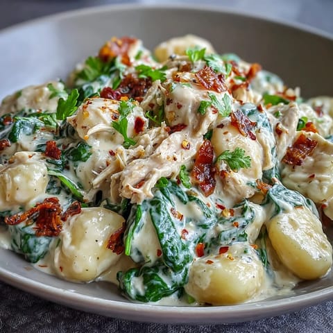 Tender gnocchi and shredded chicken coated in rich garlic Parmesan cream sauce with wilted spinach.