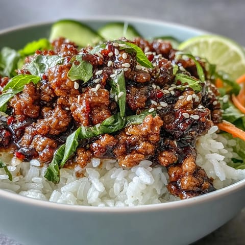 A close view shows golden sesame turkey nestled in fluffy rice.