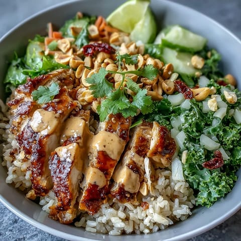 Vibrant Peanut Chicken Power Bowl with tender baked chicken, colorful vegetables, and creamy peanut sauce served over fluffy grains.  