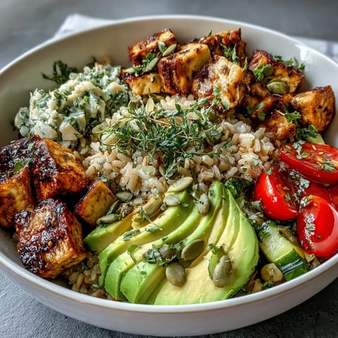 A colorful grain bowl with brown rice, chickpeas, fresh veggies, avocado, and herbs, drizzled with tangy lemon dressing.  