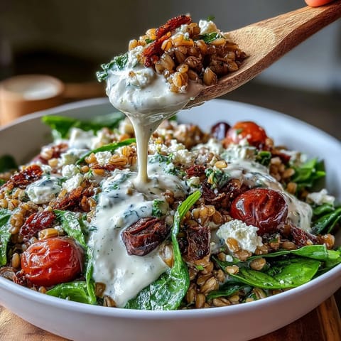 Hearty Mediterranean farro mixed with vibrant cherry tomatoes, cucumber, and bell pepper, finished with a zesty lemon tahini drizzle.