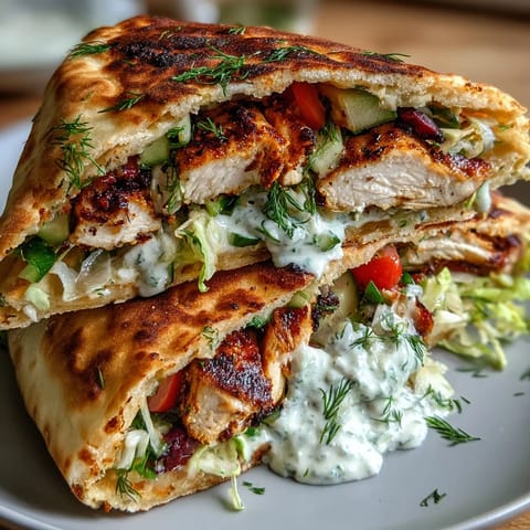 Light Greek chicken pita pockets with cucumber tomato salad, grilled chicken, fresh veggies, and tangy yogurt sauce in warm pita bread.