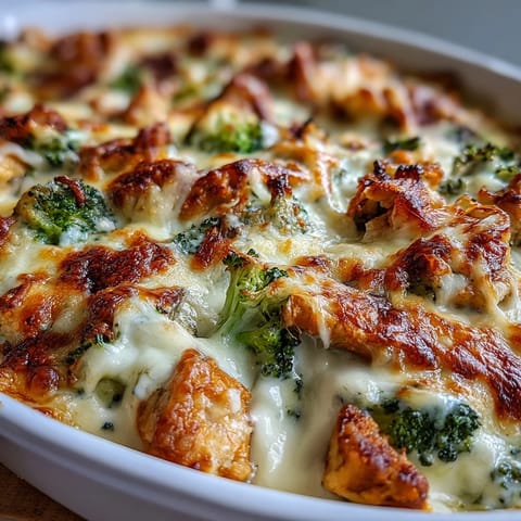Low-carb comfort food: rich, cheesy chicken and broccoli casserole baked to perfection.  