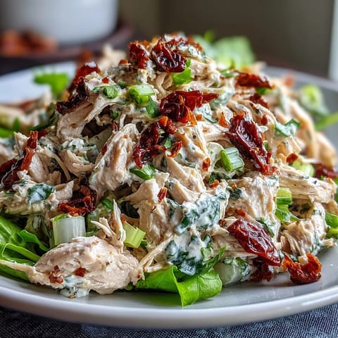 A colorful bowl of Sun-Dried Tomato Chicken Salad with shredded chicken, tangy tomatoes, and creamy basil dressing.  
