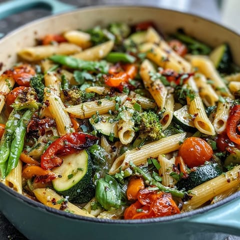 Hearty plant-based pasta dish featuring vibrant bell peppers, zucchini, and broccoli simmered in a fragrant lemon-basil broth.  