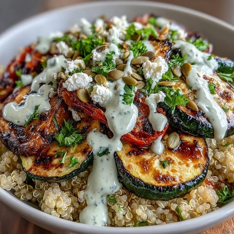 Vibrant grilled veggie and quinoa bowls with smoky vegetables and creamy tahini drizzle for a nourishing meal.  