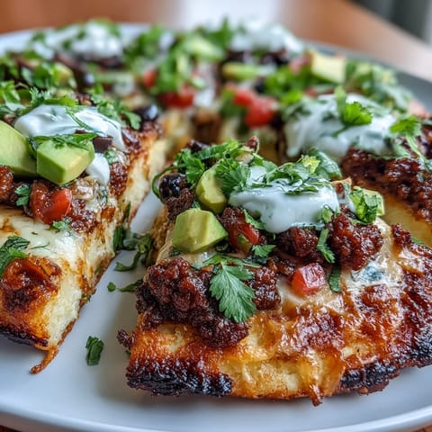 Golden, crispy cheese crust base topped with taco-spiced beef, lettuce, sour cream, and jalapeño for a low-carb meal.
