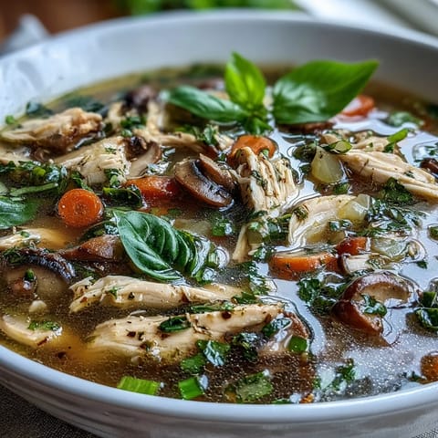 Overhead view of Tom Yum Soup in a rustic bowl, featuring tomatoes, mushrooms, and vibrant herbs against a wooden backdrop.  