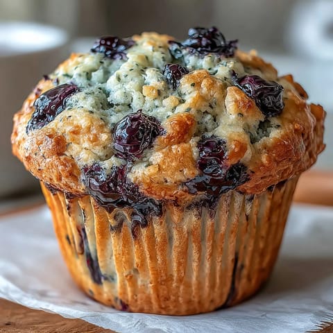 Fluffy vegan blueberry lemon protein muffins with bursts of juicy berries and bright citrus zest, perfect for a healthy breakfast or snack.