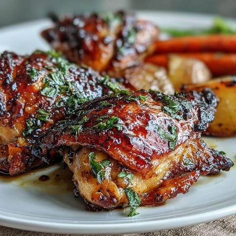 A golden sheet pan dinner with honey mustard glazed chicken thighs, roasted carrots, and baby potatoes for a wholesome family meal.