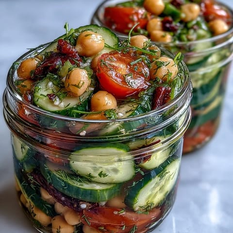 Refreshing layered salad jars with crisp cucumber, juicy cherry tomatoes, and protein-rich chickpeas, drizzled with homemade citrus herb dressing for a light meal.