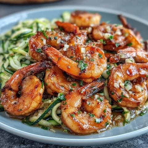 Keto garlic butter shrimp served over fresh zucchini noodles with a rich, savory sauce and a hint of lemon.