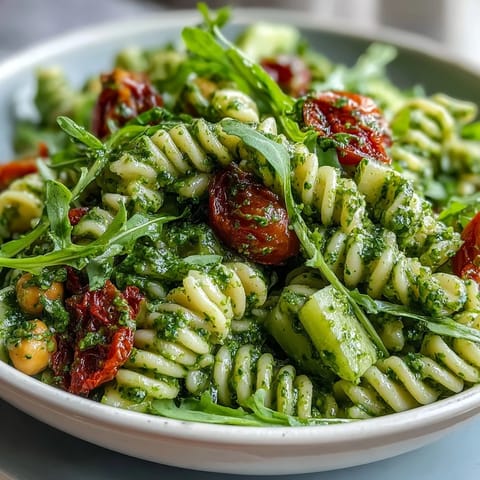 A vibrant bowl of vegan pesto pasta salad featuring chickpeas, peppery arugula, and juicy cherry tomatoes, tossed in a rich, dairy-free sauce.  