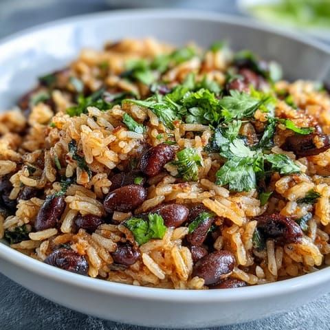 Colorful one-pot Spanish rice and beans, simmered in vegetable broth with cumin and smoked paprika, perfect for a vegan dinner.  