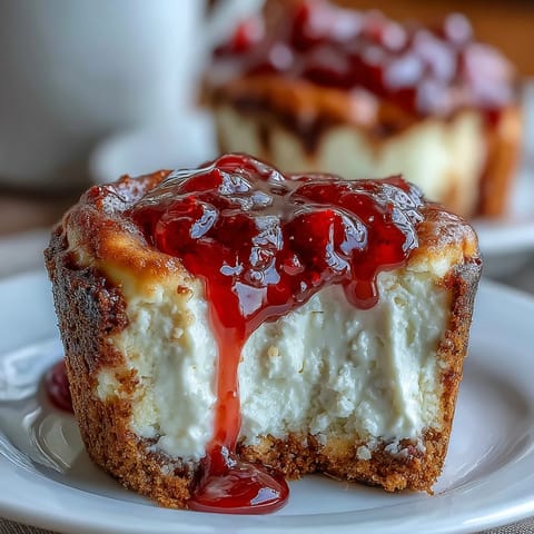 High protein strawberry cheesecake bites topped with fresh strawberry sauce, creamy and guilt-free.  