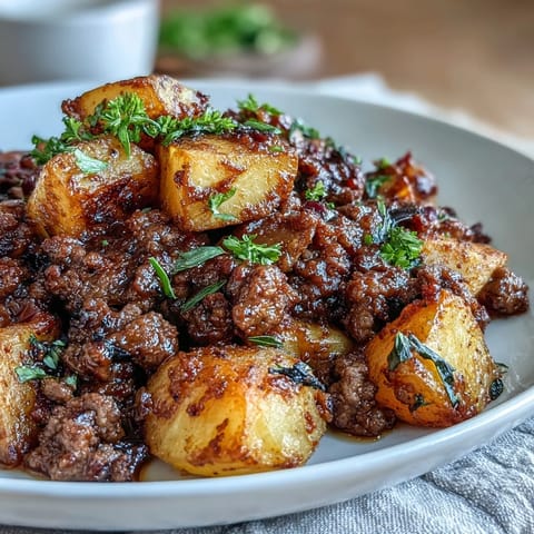 High protein ground beef with potatoes in savory tomato sauce, garnished with fresh parsley.  