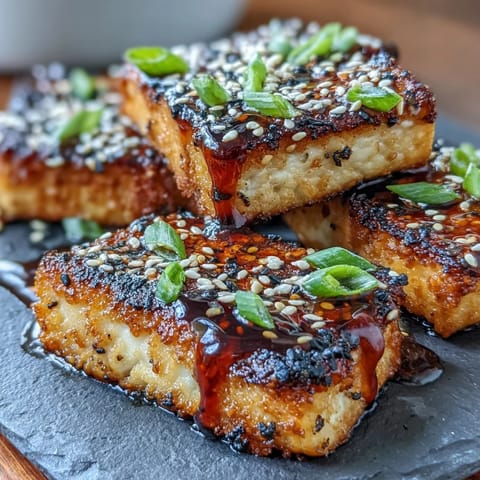Crispy pan-seared tofu slabs encrusted with crunchy sesame seeds, drizzled with homemade teriyaki sauce and garnished with sliced green onions.  