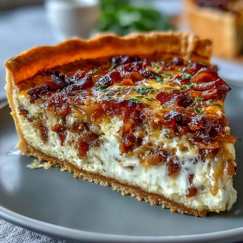 Flaky quiche tart filled with sweet caramelized onions, smoky bacon, and melted Gruyère cheese.  
