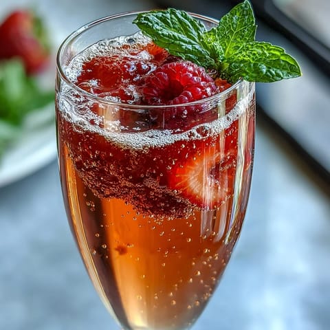 Festive Galentines Brunch Strawberry Bellini Bar with fresh fruit and sparkling wine.