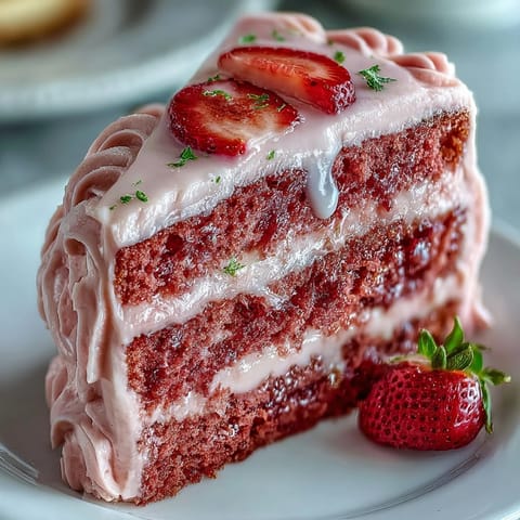 A stunning pink strawberry lemonade cake with fresh strawberries and lemon slices, perfect for Galentine's celebrations.  