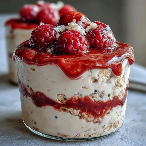 Nutritious overnight oats recipe featuring sweet raspberries and chia seeds, perfect for meal prep mornings.