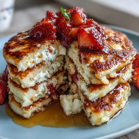 High-protein cottage cheese pancakes dotted with fresh strawberries, stacked and ready for a healthy breakfast or post-workout meal.