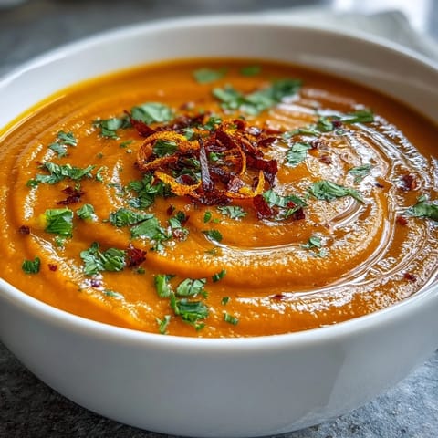 A vibrant bowl of carrot and orange soup with ginger, garnished with fresh coriander and orange zest, served with a drizzle of coconut milk.