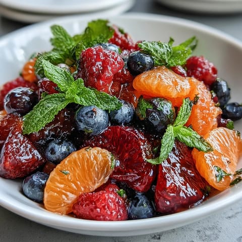 Vibrant citrus and berry spring fruit salad with mint, featuring juicy orange and grapefruit segments tossed with fresh berries.  