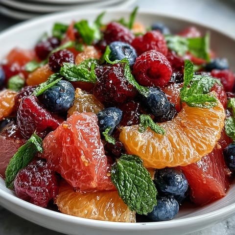 Refreshing spring fruit salad with citrus and berries, lightly sweetened and garnished with fragrant mint leaves for a bright finish.  