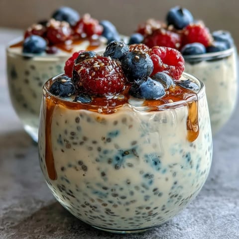 Fluffy Yogurt Chia Pudding with Vanilla Bean, a creamy and healthy breakfast or dessert topped with fresh berries and toasted coconut.