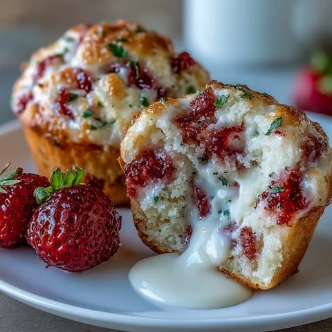 Golden-topped muffins with fresh strawberries and creamy Greek yogurt, baked to tender perfection.