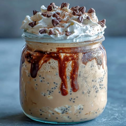 Creamy vanilla bean frappuccino overnight oats with espresso, chia seeds, and Greek yogurt in a jar.  