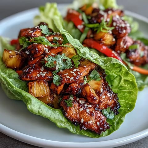 Fresh teriyaki chicken and pineapple nestled in crisp lettuce wraps, garnished with sesame seeds and cilantro.  