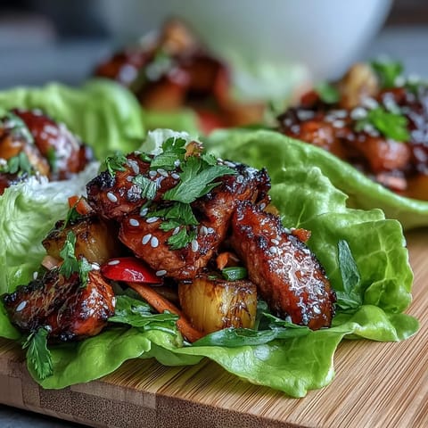 Colorful chicken-pineapple filling with crunchy vegetables, served in butter lettuce cups for a fresh meal.  