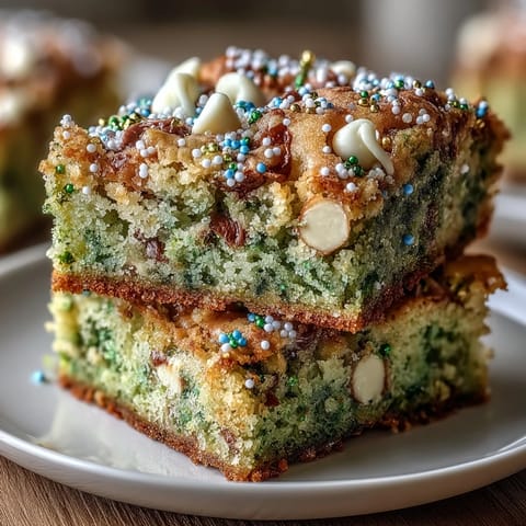 Vibrant St. Patrick's Day rainbow cookie bars with buttery layers and white chocolate chips, topped with festive green and gold sprinkles.