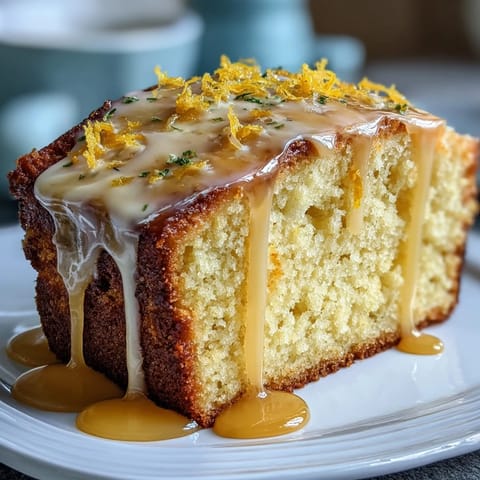 A golden Limoncello pound cake with lemon glaze, its surface glistening with a tangy citrus drizzle.  