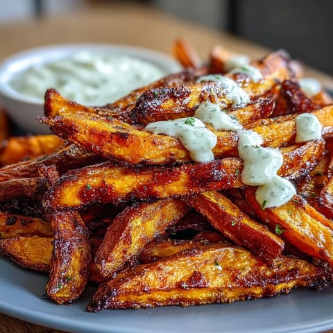 Golden air fryer sweet potato fries with garlic aioli, crispy and seasoned to perfection, perfect for a healthy snack or side dish.  