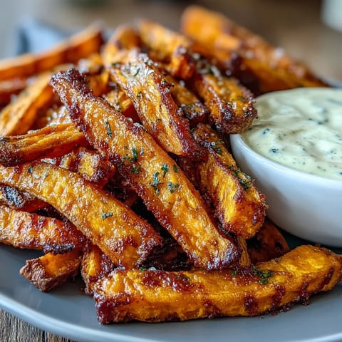 Hot and crunchy air fryer sweet potato fries served with creamy garlic aioli, a delicious and easy vegetarian appetizer or side.  