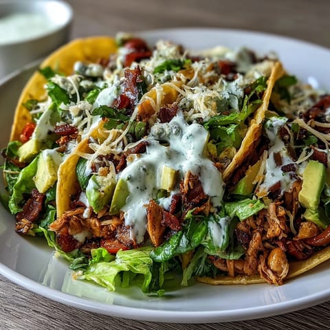A colorful taco salad bowl filled with seasoned turkey, fresh vegetables, and creamy Greek yogurt ranch dressing.