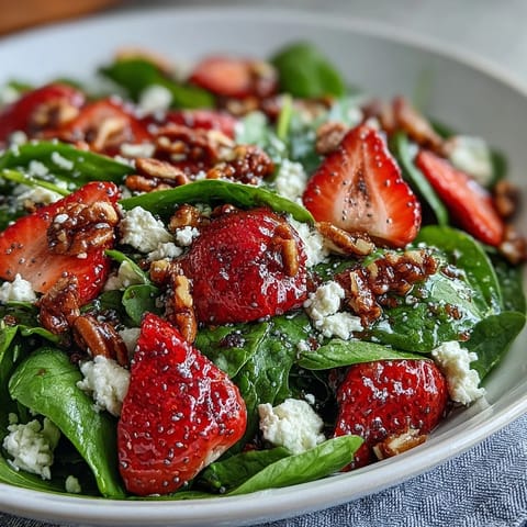 Fresh strawberry spinach salad with poppy seed dressing, bursting with sweet berries, creamy feta, and crunchy pecans in a tangy homemade dressing.