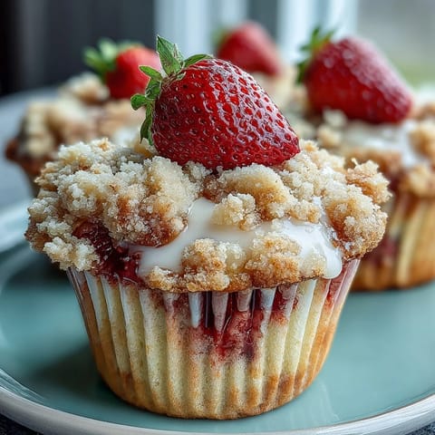 Fresh strawberry muffins with golden crumble topping, perfect for a sweet breakfast treat.