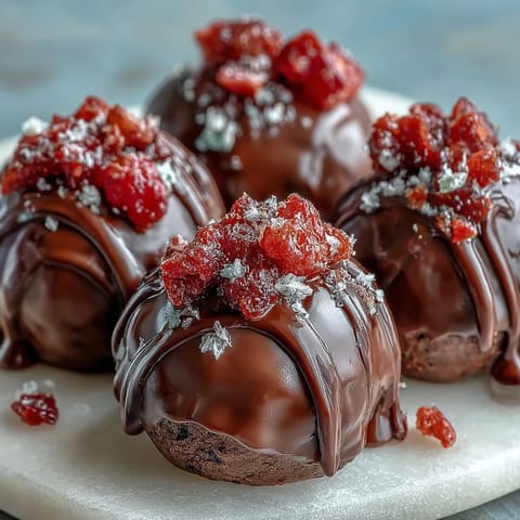 Decadent chocolate truffles infused with fresh strawberry and finished with edible gold dust for a luxurious treat.  