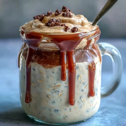 Vanilla Bean Frappuccino Overnight Oats Dessert Jar with creamy layers of coffee and vanilla, topped with whipped cream and chocolate chips.