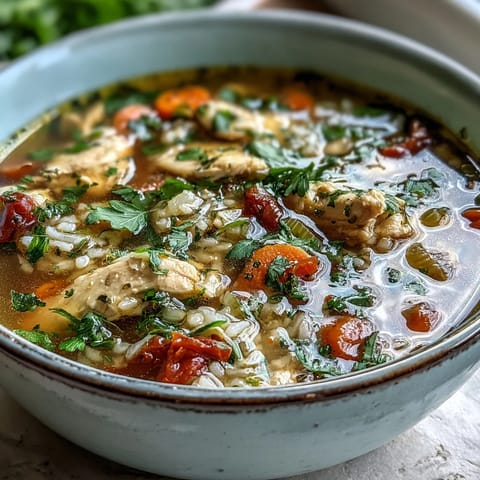 A steaming bowl of healthy chicken and rice soup filled with tender chicken, vegetables, and rice in a savory broth.