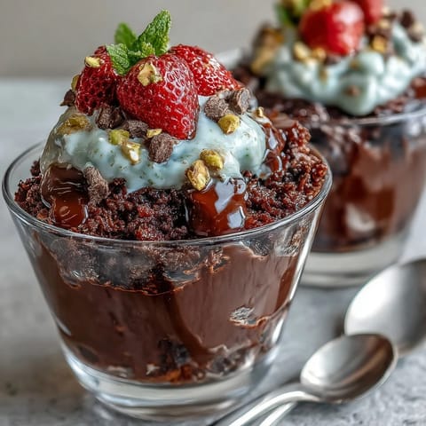 Dubai Chocolate Strawberry Cups with Kataifi and Pistachio Cream: golden kataifi pastry cups filled with dark chocolate, luscious pistachio cream, and fresh strawberries, garnished with chopped pistachios and edible gold leaf.