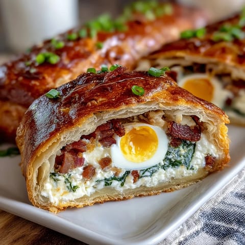 Festive Easter savory pie with hard-boiled eggs and ham, showcasing a golden, flaky crust and creamy ricotta filling.