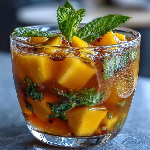 Mango Peach Iced Tea with Mint: A chilled glass of vibrant, fruity iced tea, blending ripe mango and peach with fresh mint for a refreshing summer sip.